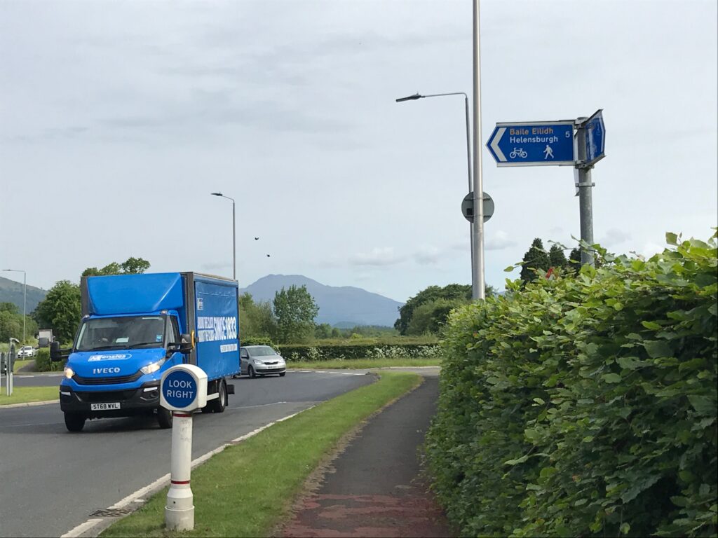 Crossing at Arden roundabout -Loch Lomond West Glens route